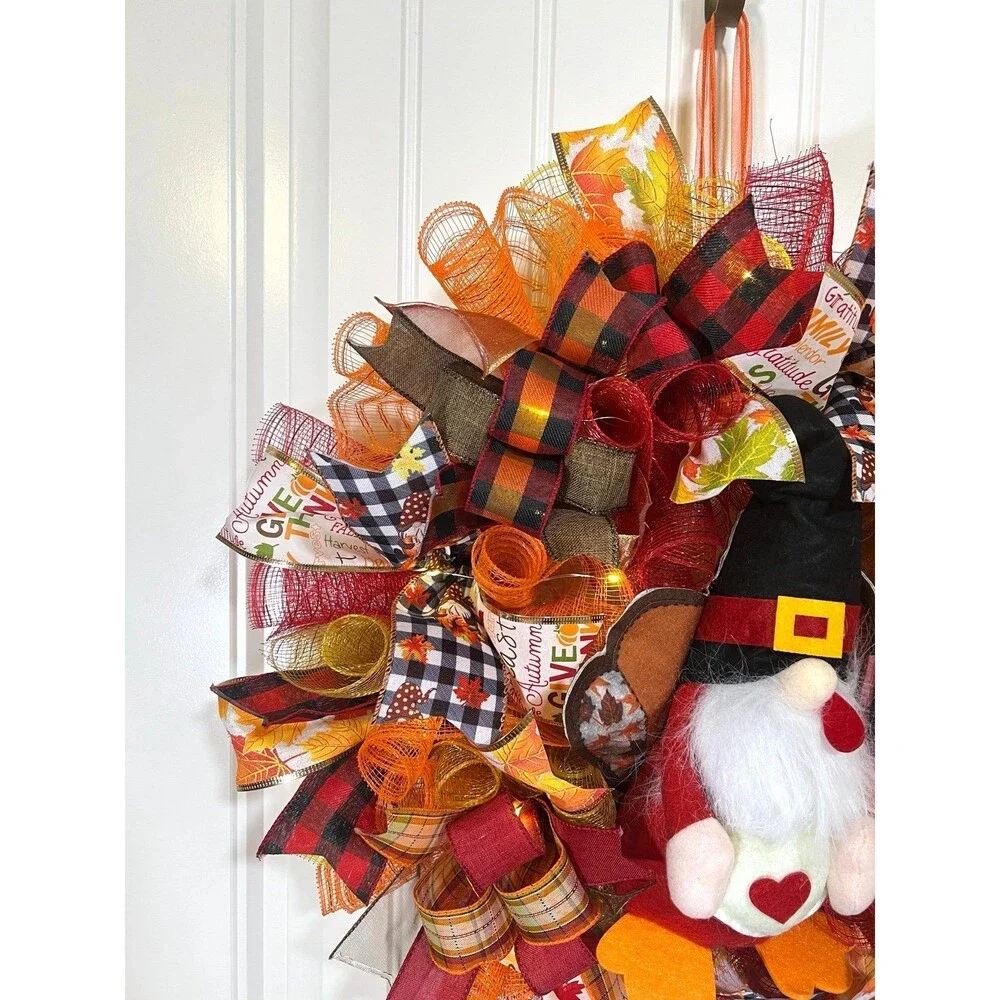 Handmade Thanksgiving Turkey Gnome Ribbon Welcome Door Wreath Leaf 22 in LED
